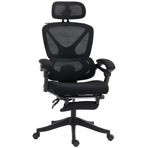 HOMCOM Scaun de birou ergonomic cu tetieră reglabilă, fotoliu de birou reclinabil din plasă, spătar separat, negru | Aosom Romania