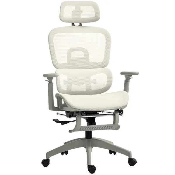 HOMCOM Scaun de birou ergonomic din plasă cu brațe 3D, înclinat la 135°, tetieră reglabilă, bej | Aosom Romania