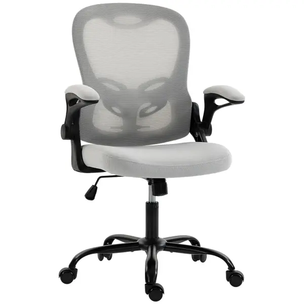 HOMCOM Scaun de birou ergonomic, fotoliu de birou din plasă, brațe rabatabile, înălțime reglabilă, funcție de înclinare, Gri | Aosom Romania