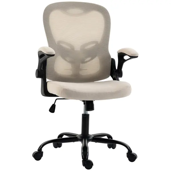 HOMCOM Scaun de birou ergonomic, fotoliu de birou din plasă, cotiere rabatabile, înălțime reglabilă, funcție balans, bej | Aosom Romania