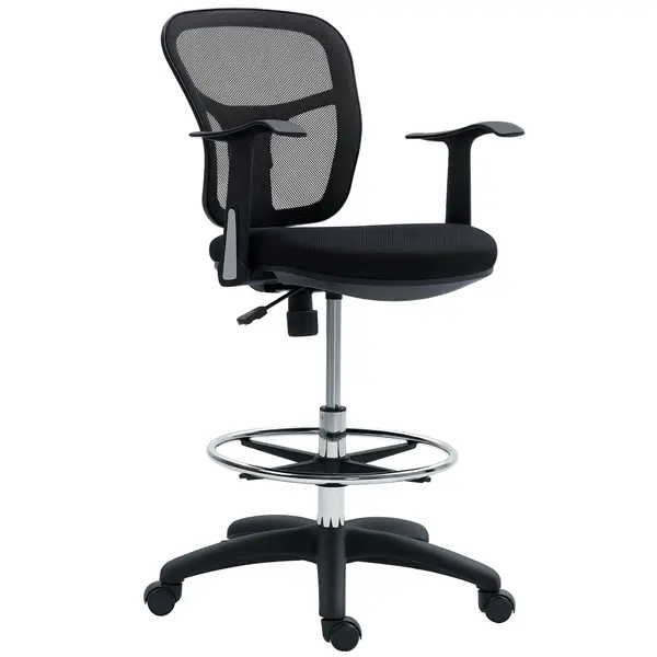 HOMCOM Scaun de Birou Rotativ cu Inel pentru Sprijinirea Picioarelor și Spătar Curbat, 55x58x94 cm, Negru | Aosom Romania