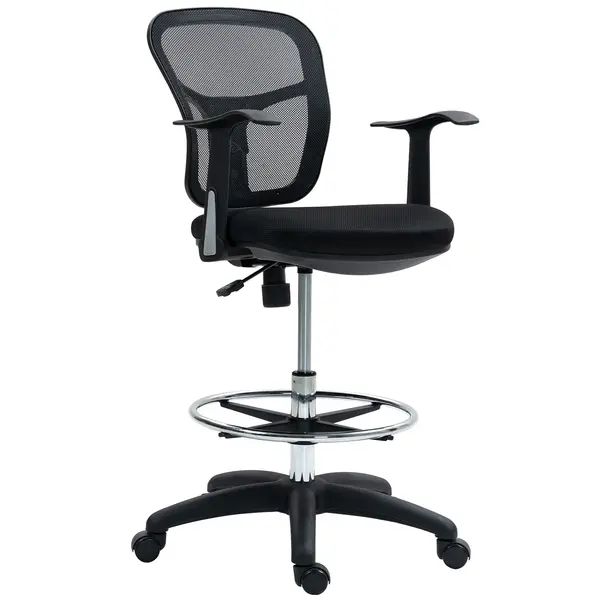 HOMCOM Scaun de Birou Rotativ cu Inel pentru Sprijinirea Picioarelor și Spătar Curbat, 55x58x94 cm, Negru | Aosom Romania