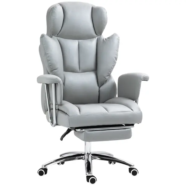 HOMCOM Scaun ergonomic de birou, căptușit, cu suport pentru picioare, spătar reglabil, rotativ 360°, Gri deschis | Aosom Romania