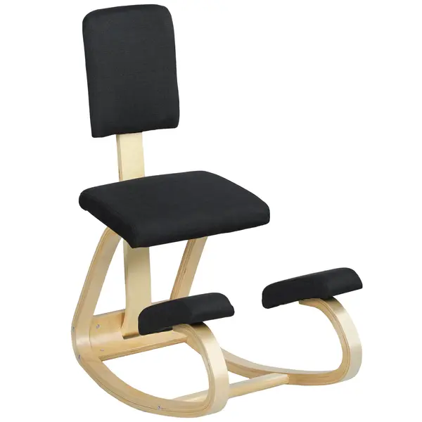 HOMCOM Scaun Ergonomic pentru Genunchi din Țesătură cu Aspect de In și Lemn de Mesteacăn, Negru | Aosom Romania