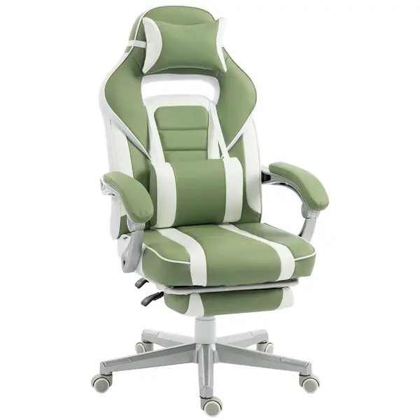 HOMCOM Scaun Gamer Reclinabil cu Înălțime Reglabilă Suport pentru Picioare Retractabil Suport Lombar și Tetieră Detașabilă Verde | Aosom Romania