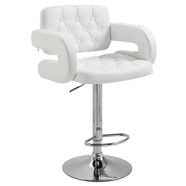 HOMCOM Scaun inalt de bar cu Spatar si Brate, Reglabil, Rotativ din Piele sintetica Alba, pentru Bucatarie sau Pub, 64x50x94-114cm | Aosom Romania