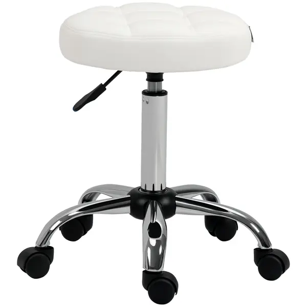 HOMCOM Scaun Rotativ cu Roti, Rotund, Scaun pentru Coafor și Estetician cu Înălțime Ajustabilă, Tapițat în Piele Ecologică, Ø35.5x51-67 cm, Alb