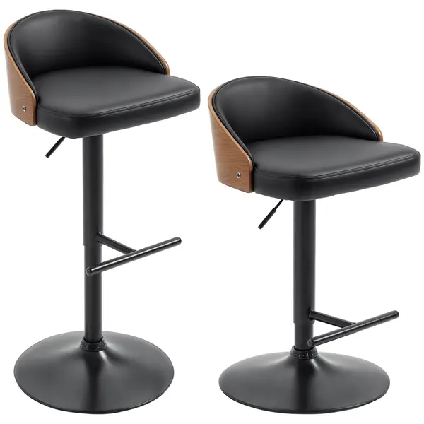 HOMCOM Scaune de Bar Set 2 buc., Scaun de Bar Tapitat din Oțel și Lemn Masiv, Înălțime Reglabilă pentru Bucătărie cu Suport pentru Picior, Rotativ 360°, Scaun de Bar pentru Bucătărie, Sufragerie, Sală de Mese, Negru+Cafea | Aosom Romania