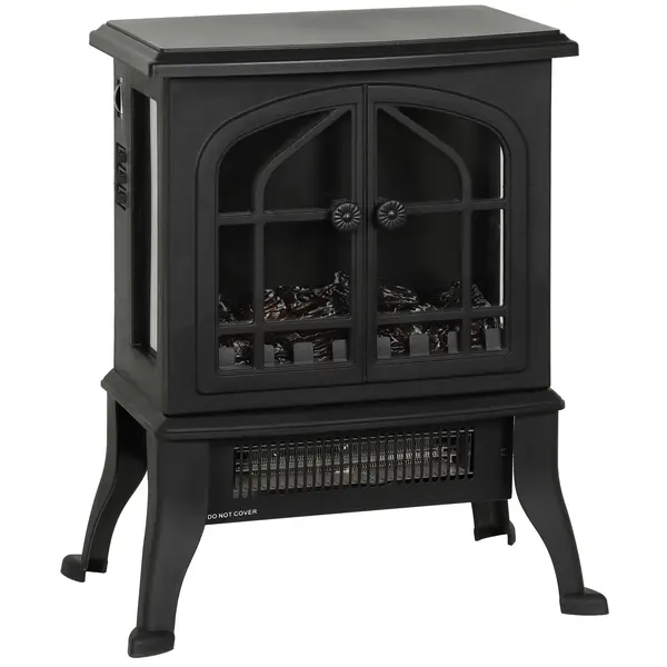 HOMCOM Șemineu Electric de Podea, Flacără 3D, Termostat 10-35°C, Plastic, Sticlă, 39x24x48 cm, Negru | Aosom Romania