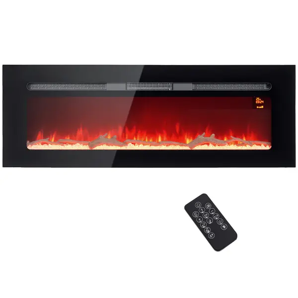 HOMCOM Șemineu Electric Încastrabil cu Telecomandă, Flacără Reglabilă, Temporizator și Termostat, 127x15,8x45 cm, Negru | Aosom Romania