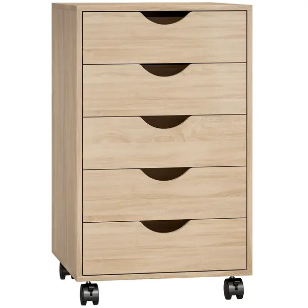 HOMCOM Sertarieră birou cu roți și 5 sertare, arhivor mobil, pentru birou, living 40x40x67 cm Stejar | Aosom Romania