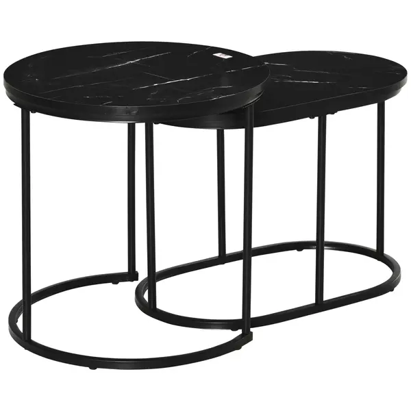 HOMCOM Set 2 Măsuțe de Cafea cu Blat cu Efect de Marmură din MDF și Oțel Negru | Aosom Romania