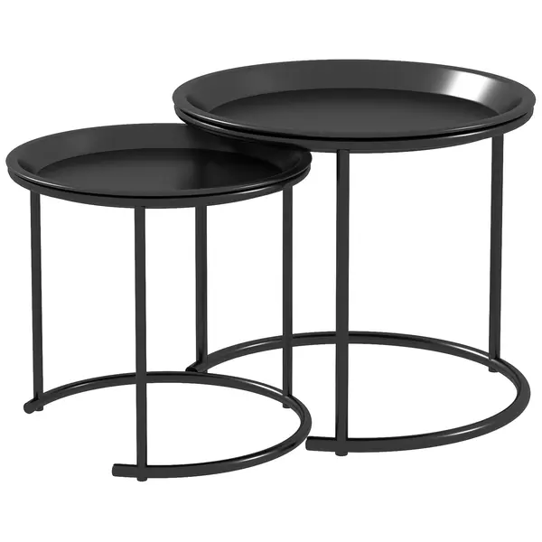 HOMCOM Set 2 Măsuțe de Cafea Suprapozabile, Măsuțe Joase Rotunde cu Tavă Detașabilă din Oțel, Ø 43x38 cm, Negru | Aosom Romania