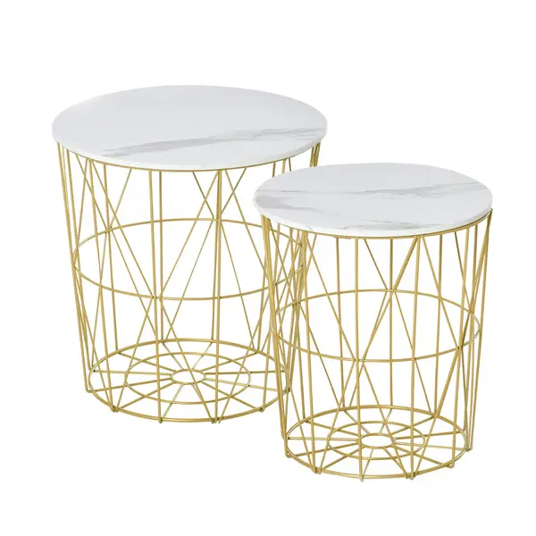HOMCOM Set 2 Măsuțe de Sufragerie Stivuibile, Design Modern din Oțel și MDF, Φ44/Φ35x45.5cm, Alb Auriu | Aosom Romania