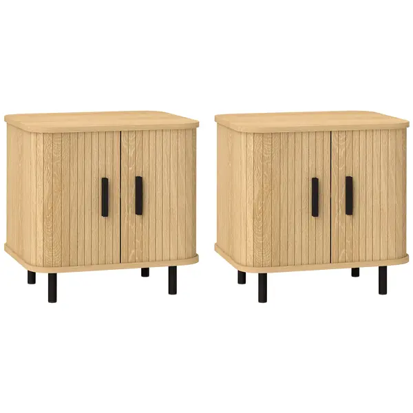 HOMCOM Set 2 Noptiere în stil Nordic cu Raft pe 2 Niveluri și Ușă Culisantă pentru Dormitor, 48x40x48 cm, Lemn Natural | Aosom Romania