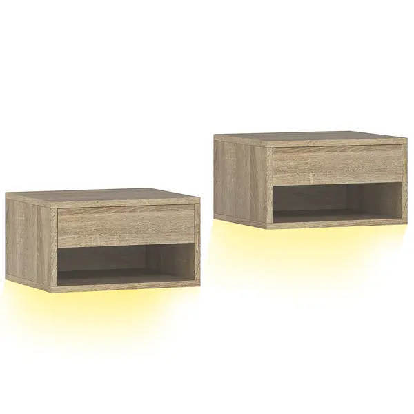 HOMCOM Set 2 Noptiere Suspendate cu LED Integrat și Reglabil prin Aplicație, Sertar și Raft, 37x32x21 cm, Nuanță de Lemn | Aosom Romania