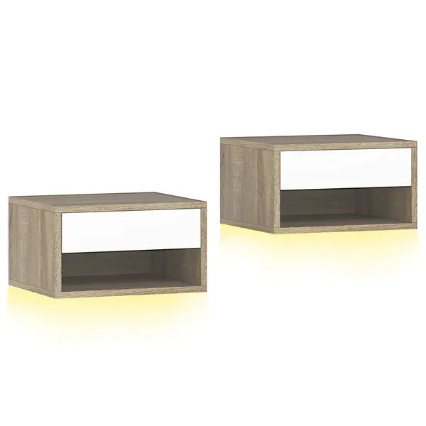 HOMCOM Set 2 Noptiere Suspendate cu LED RGB Integrat și Reglabil prin Aplicație, 37x32x21 cm, Alb Imitație Lemn | Aosom Romania
