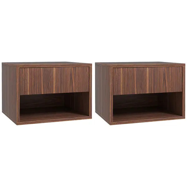 HOMCOM Set 2 Noptiere Suspendate cu Sertar și Raft Inferior Deschis, Noptiere pentru Dormitor din MDF, 40x34x29 cm, Maro | Aosom Romania