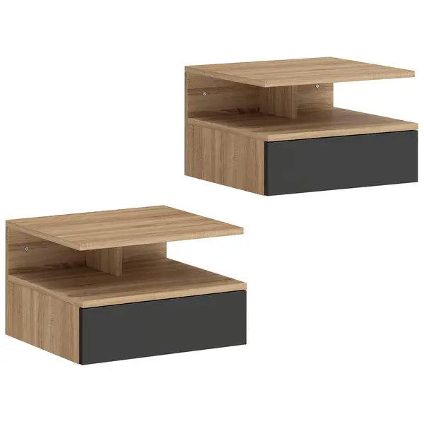 HOMCOM Set 2 Noptiere Suspendate pentru Dormitor, Design Modern cu Sertar și Raft, din Lemn, 35x32x22.5cm, Stejar și Negru | Aosom Romania