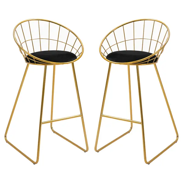 HOMCOM Set 2 Scaune Bar Înalte, Design Modern, Pernă Catifea, Poliester și Metal, Negru și Auriu, Confortabil | Aosom Romania