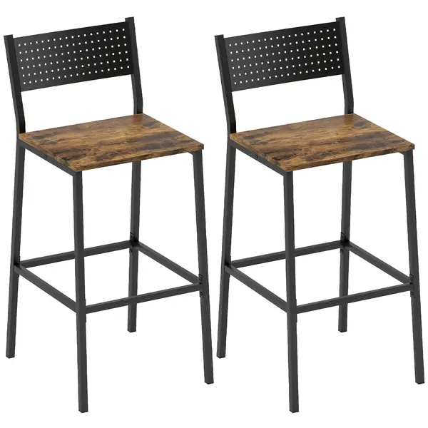 HOMCOM Set 2 Scaune Bar Stil Industrial cu Spătar și Suport pentru Picioare Maro | Aosom Romania