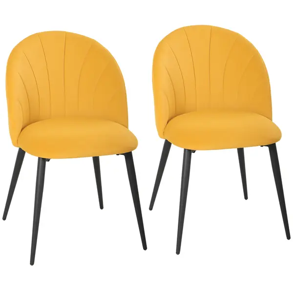 HOMCOM Set 2 Scaune pentru Sufragerie din Catifea, Scaune de Bucătărie cu Spătar Curbat în Formă de Scoică, Picioare din Oțel, Stil Nordic, Scaun Tapițat pentru Bucătărie, Dormitor, Living, Galben | Aosom Romania