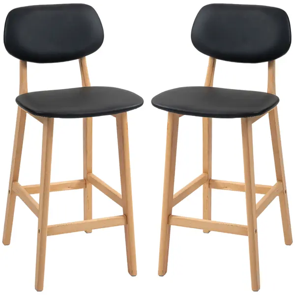 HOMCOM Set 2 Taburete cu Spătar și Tapițerie din Piele Artificială, Taburete Înalte din Lemn, 42x47x92 cm, Negru | Aosom Romania