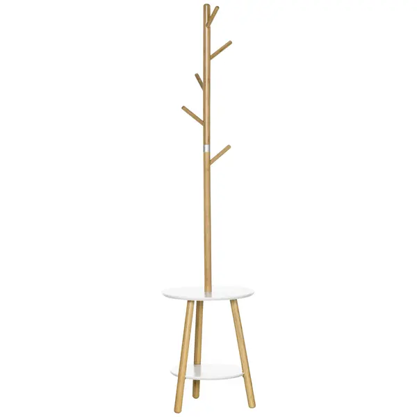 HOMCOM Set Cuier și Măsuță de Cafea Rotundă, pentru Hol, din MDF și Aluminiu, 39,5x39,5x171 cm, Culoare Lemn și Alb | Aosom Romania