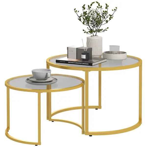 HOMCOM Set de 2 mese de cafea nesting rotunde blat sticlă securizată și picior din oțel carbon aur | Aosom Romania