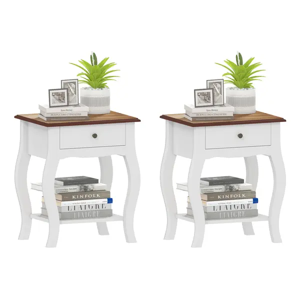 HOMCOM Set de 2 Noptiere cu Sertar Raft Deschis și Blat cu Efect de Stejar Stil Francez 45x35x55 cm Alb și Stejar | Aosom Romania