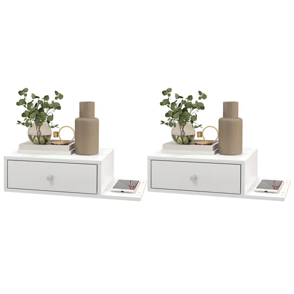 HOMCOM Set de 2 noptiere de perete - set de 2 noptiere - raft lateral și sertar - 55l x 30P x 15H cm MDF alb | Aosom Romania