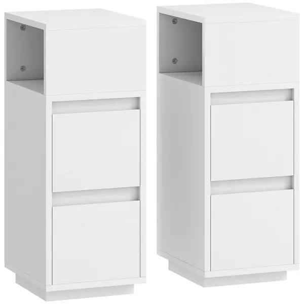 HOMCOM Set de 2 Noptiere Înalte și Subțiri pentru Dormitor cu 2 Sertare și Raft Deschis, Noptiere Moderne Economisitoare de Spațiu, Măsuțe pentru Divan, Sufragerie și Dormitor, 25x30x65 cm, Alb | Aosom Romania