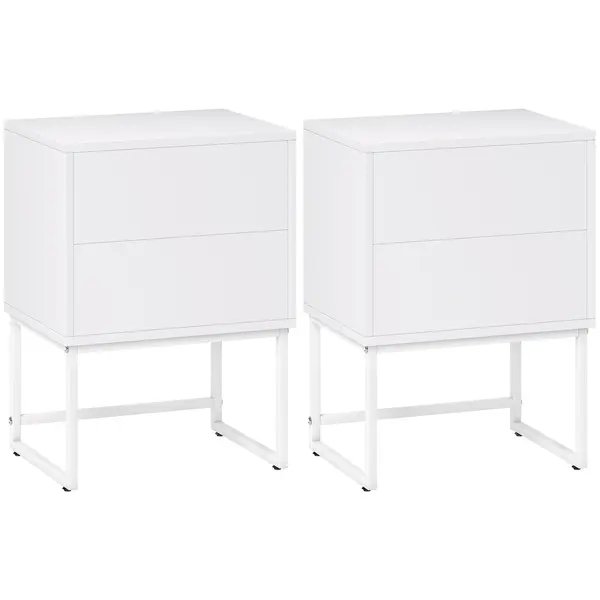 HOMCOM Set de 2 Noptiere Înguste cu 2 Sertare Deschidere la Presiune și Picioare din Oțel 40x30x55 cm Alb | Aosom Romania