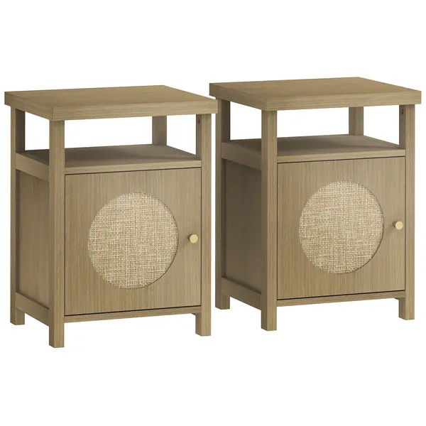 HOMCOM Set de 2 noptiere înguste masă auxiliară compartiment deschis dulap finisaj ratan, 40 x 35 x 55 cm maro | Aosom Romania