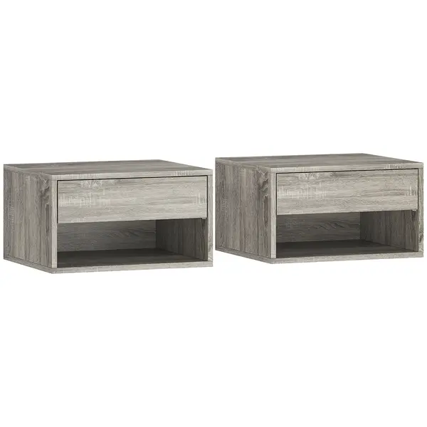 HOMCOM Set de 2 noptiere murale, noptiere, sertar, compartiment deschis, blat, 37 x 32 x 21 cm, gri | Aosom Romania
