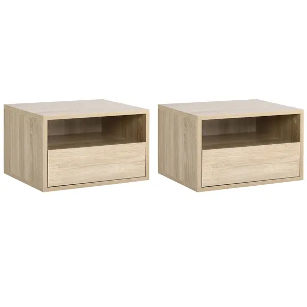 HOMCOM Set de 2 Noptiere murale, Set de 2 Noptiere, Sertar culisant, Nisa, Blat, Panouri Particule Aspect stejar Deschis | Aosom Romania