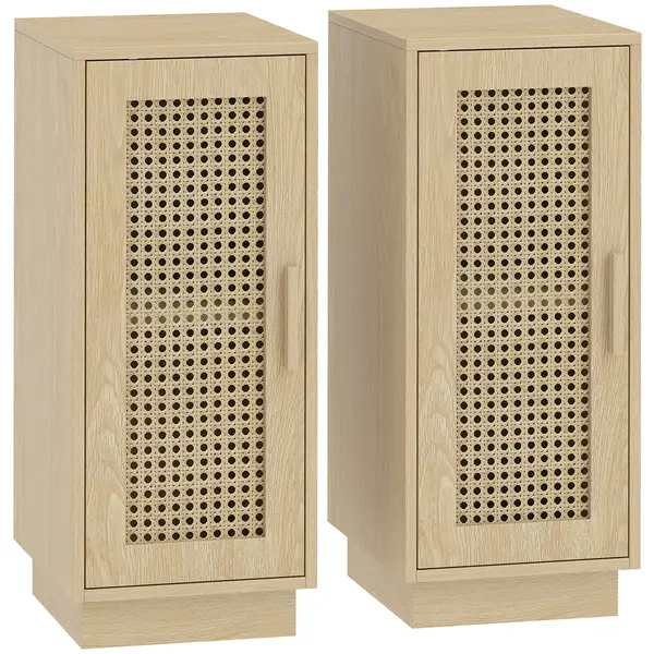 HOMCOM Set de 2 Noptiere, Poliță Reglabilă și Ușă din Rășină Împletită, Stil Boem, 25 x 30 x 60 cm, Lemn Natural | Aosom Romania