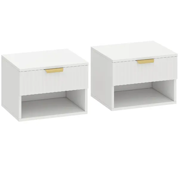 HOMCOM Set de 2 Noptiere Suspendate cu Panouri Canelate, Sertar și Raft, 40x34x29 cm, Alb | Aosom Romania
