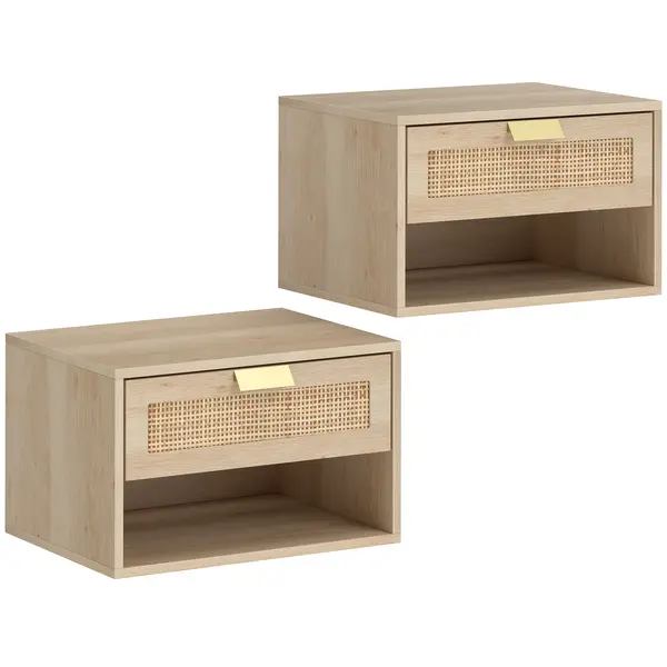 HOMCOM Set de 2 Noptiere Suspendate cu Sertar din Ratan Raft Deschis Economisire Spațiu 40x30x25 cm Stejar | Aosom Romania