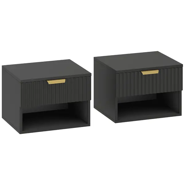 HOMCOM Set de 2 noptiere suspendate, noptiere murale cu sertar și nișă, moderne, 40x34x29cm, negru | Aosom Romania