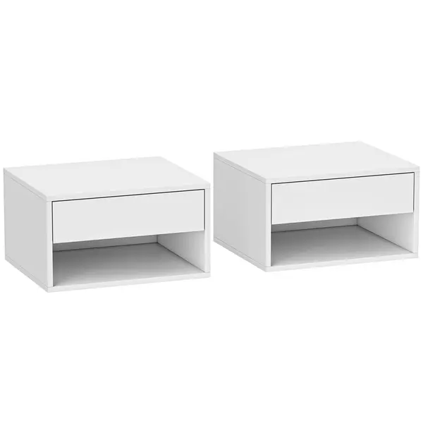 HOMCOM Set de 2 noptiere suspendate, noptiere, sertar, compartiment deschis, blat, 37 x 32 x 21 cm, alb | Aosom Romania