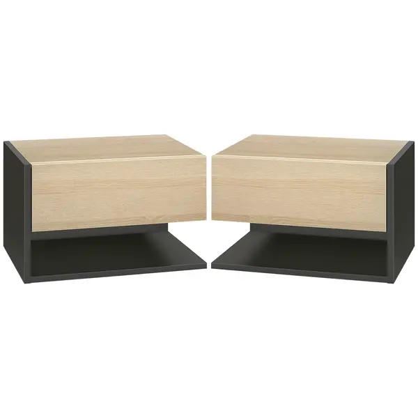 HOMCOM Set de 2 Noptiere suspendate - Set de 2 Noptiere - sertar Culisant, etajera, Bicolore Aspect stejar Negru | Aosom Romania