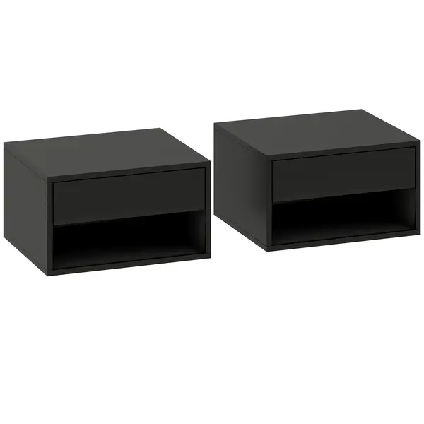 HOMCOM Set de 2 noptieri montate pe perete, sertar, compartiment deschis, blat, 37 x 32 x 21 cm, negru | Aosom Romania