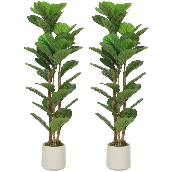 HOMCOM Set de 2 plante artificiale 120 cm Ficus lyrata cu ghiveci din plastic și trunchi din lemn masiv, verde | Aosom Romania