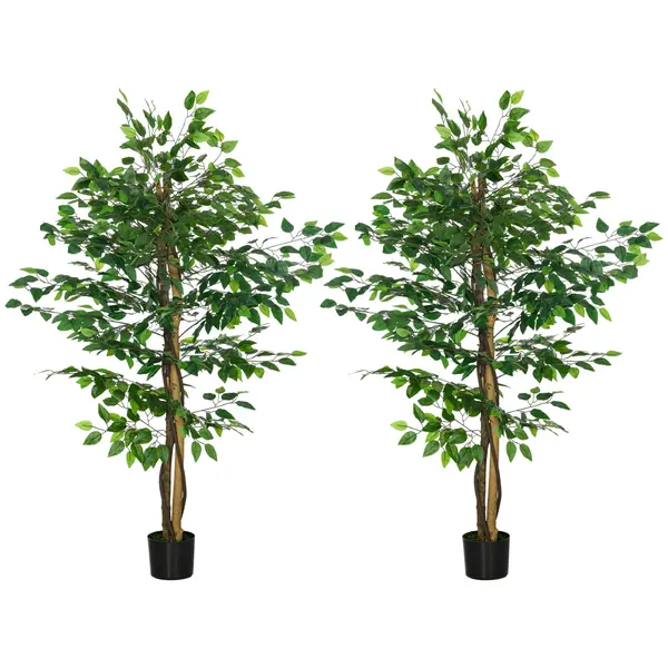 HOMCOM Set de 2 plante artificiale ficus înălțime 1,50 m trunchi crengi liane frunze realism ridicat ghiveci inclus verde | Aosom Romania