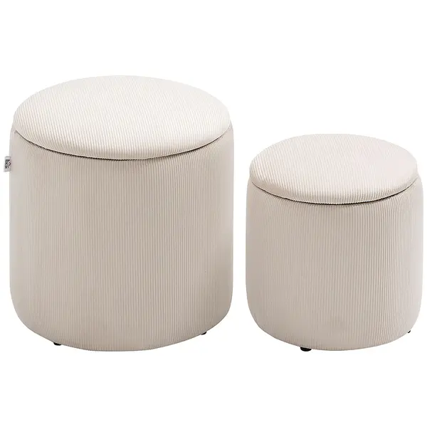 HOMCOM Set de 2 Pouf-uri pentru Depozitare Salvaspazio Rotunde și Îmbunătățite din Catifea cu Nervuri, Alb | Aosom Romania