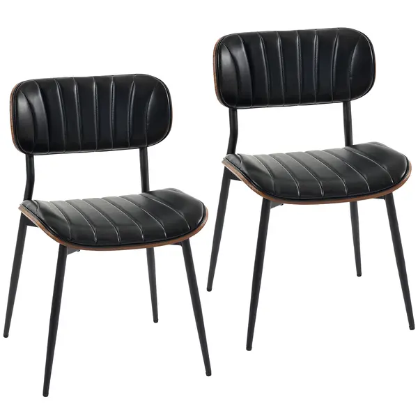 HOMCOM Set de 2 scaune de dining tapițate cu piele sintetică, cu spătar curbat, picioare din metal 49,5x49,5x80 cm, negru și maro | Aosom Romania