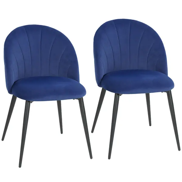 HOMCOM Set de 2 Scaune de Sufragerie din Catifea, Scaune de Bucătărie cu Spătar Curbat în Formă de Scoică, Picioare din Oțel, Stil Nordic, Scaune Capitonate pentru Bucătărie, Dormitor, Cameră de Zi, Albastru | Aosom Romania