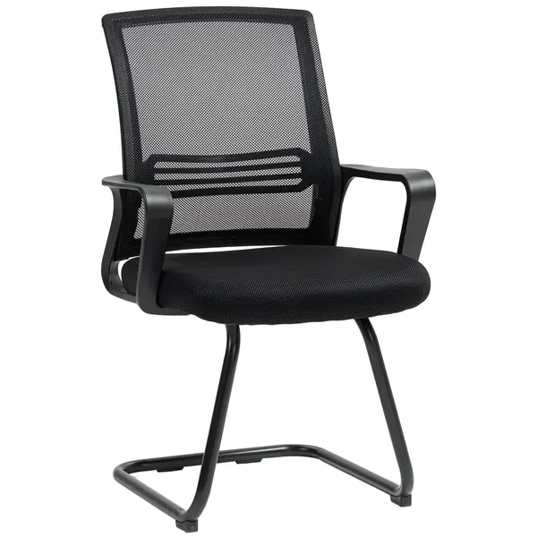HOMCOM Set de 2 scaune ergonomice pentru birou fără roți, scaune de conferință tapițate cu cadru tip sanie pentru sala de așteptare și recepție, Negru | Aosom Romania