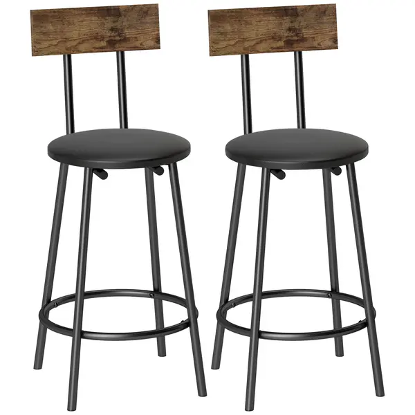 HOMCOM Set de 2 taburete de bar cu spătar și suport pentru picioare, tapițate în PU 41x47x92 cm Negru | Aosom Romania